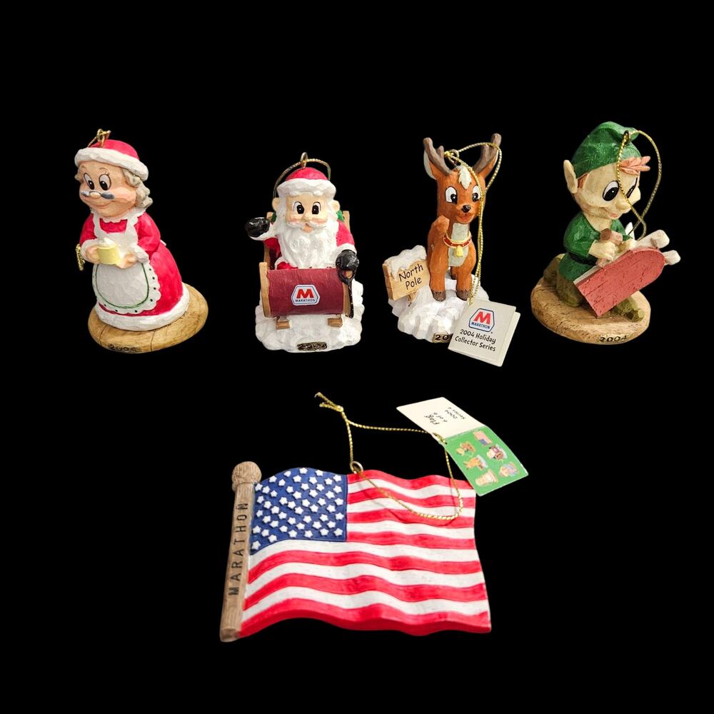 2004 Marathon Holiday Ornament Set Santa Mrs Claus Reindeer Elf Flag